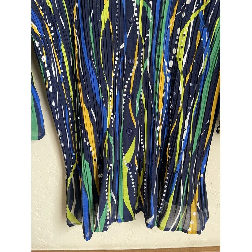 Maggie Barnes 1X Crinkle Collared Button Front Long Sleeve Shirt Cobalt Blue Yel